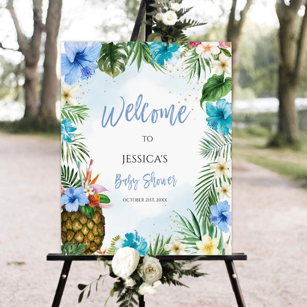 Editable Pineapple Baby Shower Welcome Sign, Tropical welcome sign, Boy Blue Aloha Hawaiian Baby Shower welcome sign Printable  Download