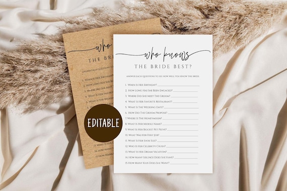 Who Knows Bride Best Game, Rustic Bridal Shower (Editable, Instant Download)