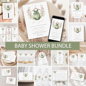 Boho Baby Clothes Baby Shower Invitation Bundle, Wildflower Baby Shower Games, Welcome Sign, It's a Girl Invite, Floral Sage Green Editable