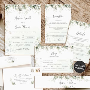 Greenery Wedding Invitation Suite, Wedding invitation set, Printable Wedding Invitation Template, Eucalyptus wedding Invite,Instant Download image 1