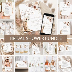 Boho Country Western Bridal Shower Invitation Bundle, Boho Floral Cowboy Bridal Shower Invite,Cowgirl Boots Bridal Shower games Welcome Sign