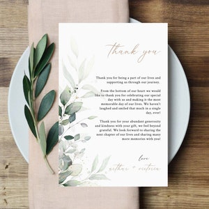 Modelo de carta de agradecimento com eucalipto, folhagens, cartão de agradecimento para recepção de casamento, folhas verdes, cartão para substituir o cartão de agradecimento para impressão, carta de agradecimento