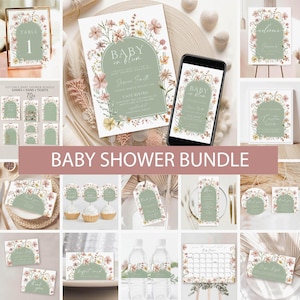Wildflower Baby shower Invitation Bundle, Editable Spring floral Baby Shower games Download, baby in bloom shower invite, Welcome Sign