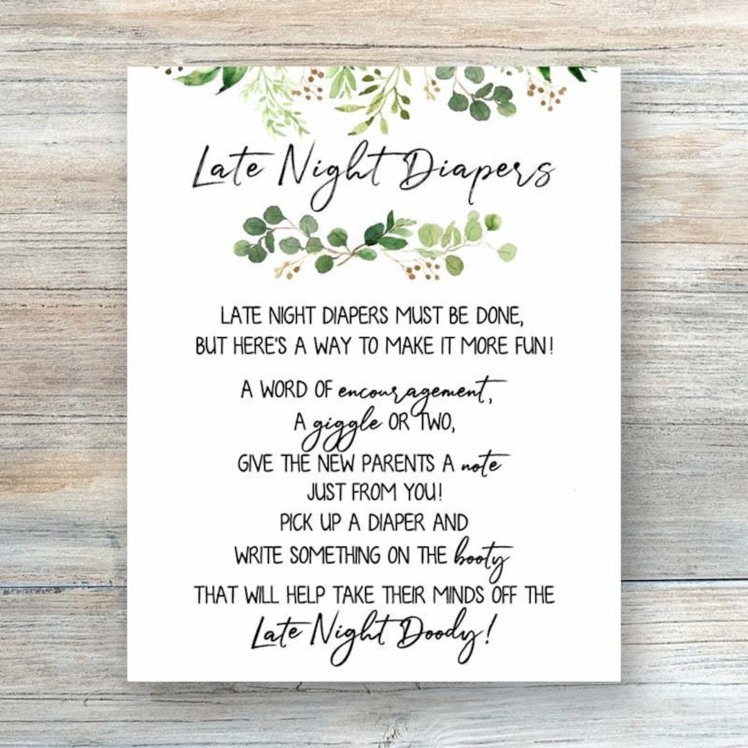 Greenery Late Night Diaper Sign, Diaper Thoughts Baby Shower Sign