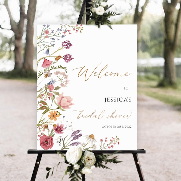 Bridal Shower Welcome Sign Template, Wildflower bridal shower welcome sign, Printable Pink Floral Bridal Shower Sign, Wildflower floral sign