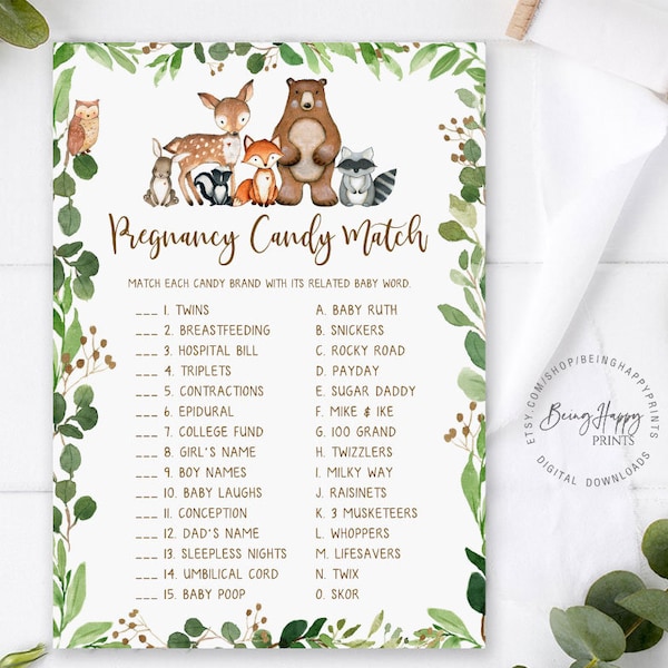 Pregnancy Candy Match Woodland Baby Shower Games Printable Pregnancy Candy Game How Sweet It Is Woodland Animals Baby Shower Game