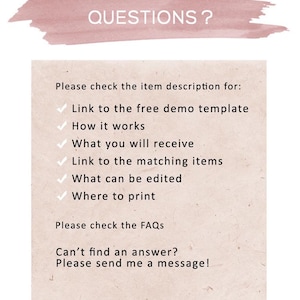 Pode incluir: Um fundo de aquarela rosa com o texto "PERGUNTAS?" em preto. Uma lista de perguntas para verificar na descri&ccedil;&atilde;o do item, incluindo um link para o modelo de demonstra&ccedil;&atilde;o gratuito, como funciona, o que voc&ecirc; receber&aacute;, um link para os itens correspondentes, o que pode ser editado e onde imprimir. Tamb&eacute;m sugere verificar as perguntas frequentes e enviar uma mensagem se voc&ecirc; n&atilde;o encontrar uma resposta.