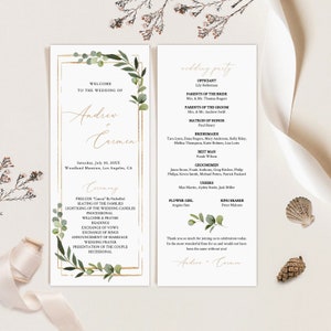 May include: Elegant wedding program featuring the names Andrew and Carmen, with a gold frame and botanical accents. The program lists the ceremony details and wedding party names on a white background.