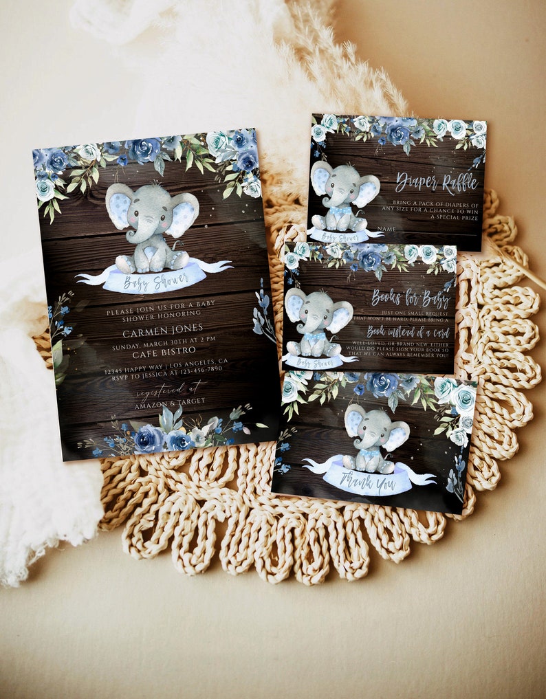 Elephant Baby Shower Invitation Boy Editable Blue Floral Baby Etsy