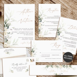 Ensemble d'invitation de mariage de verdure, modèle d'invitation de mariage floral, suite d'invitation de mariage floral, téléchargement d'invitation de mariage d'eucalyptus image 1