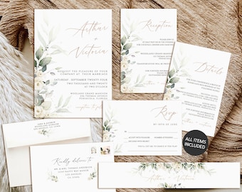 Eucalyptus Wedding Invitation Set, Floral Template (Digital Download)