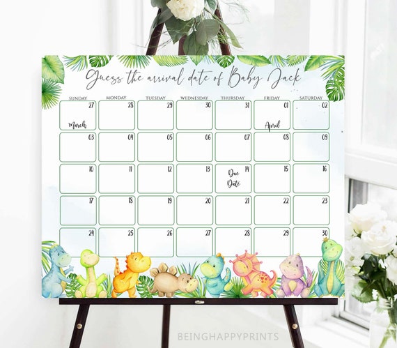 Dinosaur Baby Due Date Calendar, Birthday Prediction Game (Editable Template)