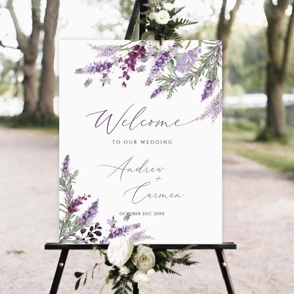 Plantilla de cartel de bienvenida para boda con diseño floral de lavanda (descarga digital)