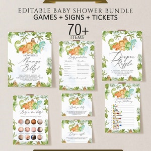 May include: Editable baby shower game and sign printable templates featuring a dinosaur theme. The games include "How Big is Mommy's Belly?", "Baby on her Belly?", "Baby Predictions", "Books for Baby", "Diaper Raffle", and "Children's Book Easy Dictionary".