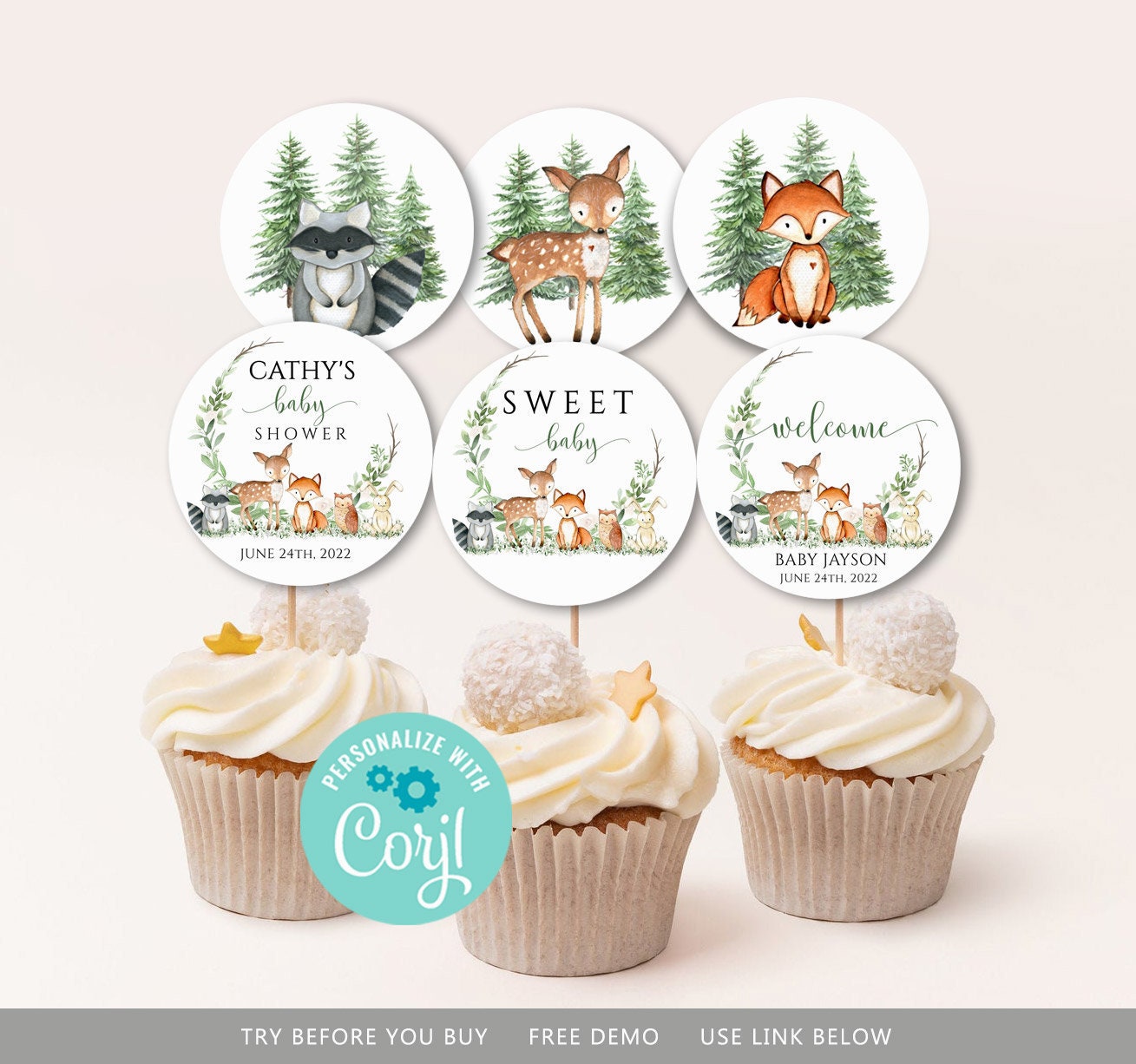 Editable Woodland Baby Shower Cupcake Toppersgender Neutral Etsy