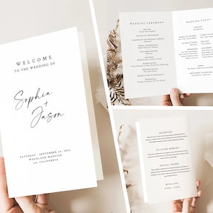 Plantilla de programa de bodas plegable minimalista, plantilla de programa de bodas moderna plegada, programa de bodas imprimible, descarga de orden de servicio