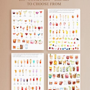 Puede incluir: Un conjunto de m&aacute;s de 200 ilustraciones de acuarela de c&oacute;cteles y bebidas. Las im&aacute;genes est&aacute;n dispuestas en una cuadr&iacute;cula sobre un fondo blanco. El texto "200+ COCKTAILS + DRINKS TO CHOOSE FROM" est&aacute; en la parte superior de la imagen.
