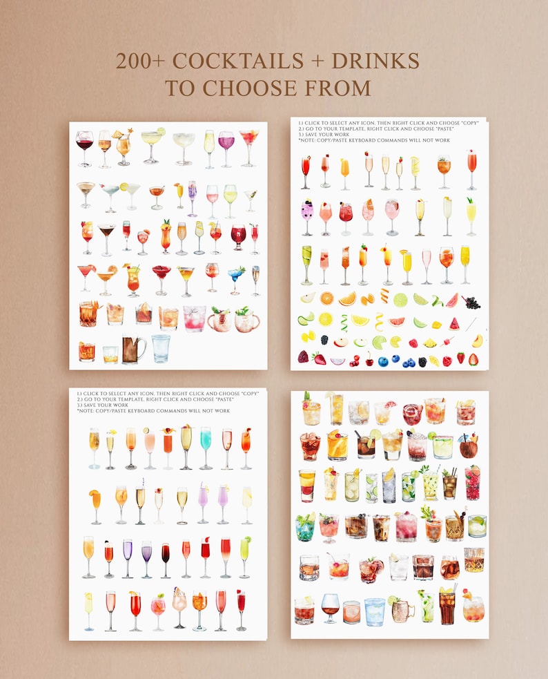 Puede incluir: Un conjunto de m&aacute;s de 200 ilustraciones de acuarela de c&oacute;cteles y bebidas. Las im&aacute;genes est&aacute;n dispuestas en una cuadr&iacute;cula sobre un fondo blanco. El texto "200+ COCKTAILS + DRINKS TO CHOOSE FROM" est&aacute; en la parte superior de la imagen.