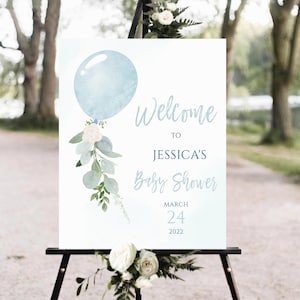 Modello di cartello di benvenuto per baby shower con palloncino blu Modello modificabile stampabile per cartello di baby shower per ragazzo Download immediato Cartello per doccia di benvenuto uj73