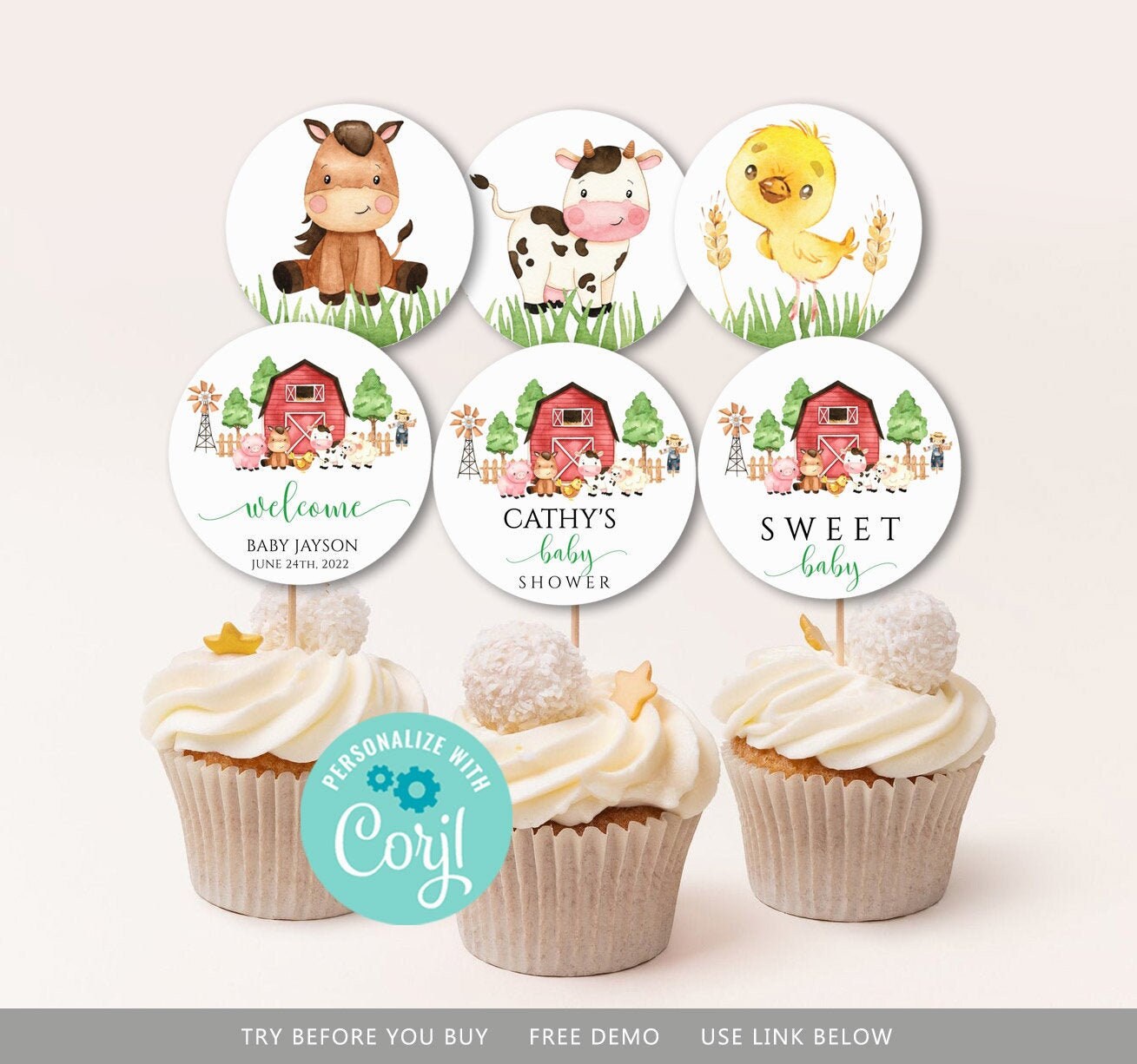 Farm Baby Shower Cupcake Toppers Farm Birthday Party Decoration Boy Farm Animals Cupcake Toppers Red Farm Animals Barnyard