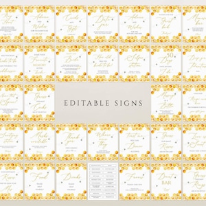 May include: A collection of editable wedding signs with a bee and honeycomb theme. Each sign features gold text on a white background, with a decorative honeycomb border. The signs cover various wedding events and activities.