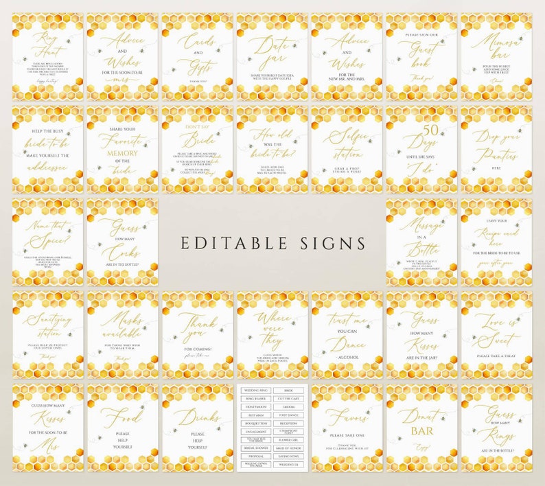 May include: A collection of editable wedding signs with a bee and honeycomb theme. Each sign features gold text on a white background, with a decorative honeycomb border. The signs cover various wedding events and activities.