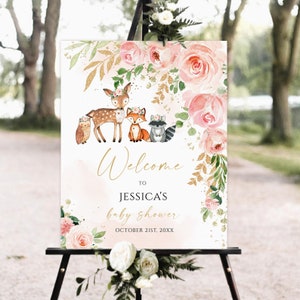 Woodland Floral Baby Shower Willkommensschild, druckbares Willkommensschild, Baby-Dusche-Zeichen, Waldtiere Baby-Dusche, rosa florale Baby-Dusche