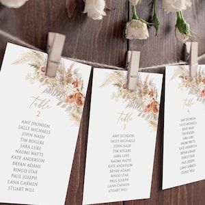 Pampas Grass Seating Chart Card Template, Boho Wedding Seating Chart Cards, Bewerkbare Bruiloft Seat, Terracotta Bruiloft, Instant Download