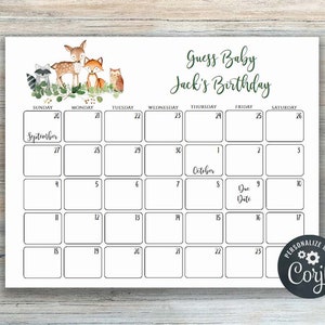 Baby Due Date Calendar Game, Woodland Baby Shower Games, Guess Baby's Birthday, Editable Baby Prediction, Corjl, Due Date Game, yv84