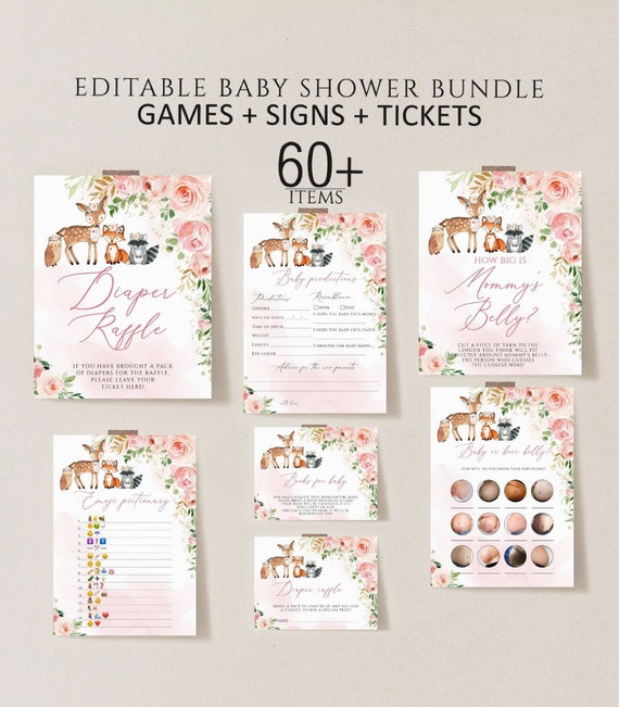 Woodland Girl Baby Shower Games Bundle Floral Woodland Baby