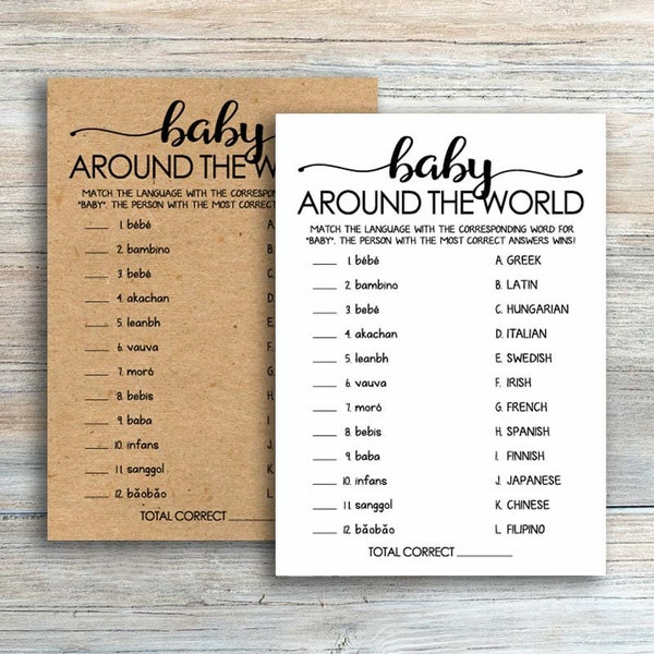 Baby Around the World, Rustic Baby Shower Games Printable, Gender Neutral Baby Shower Game Baby in Different Language Game Kraft byh575