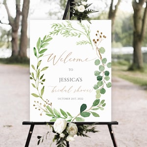 Bridal Shower Welcome Sign Template, Printable Bridal Shower Sign, Greenery Bridal Shower welcome sign, Green leaves bridal shower sign