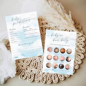 Pu&ograve; includere: Due schede di gioco per baby shower stampabili con uno sfondo acquerello blu. La prima scheda contiene un elenco di previsioni per il bambino, tra cui il sesso, la data di nascita, l'ora di nascita, il peso, la lunghezza e il colore degli occhi. La seconda scheda contiene un gioco chiamato "Baby or Beer Belly" con 12 immagini di pancia, alcune in gravidanza e altre no.