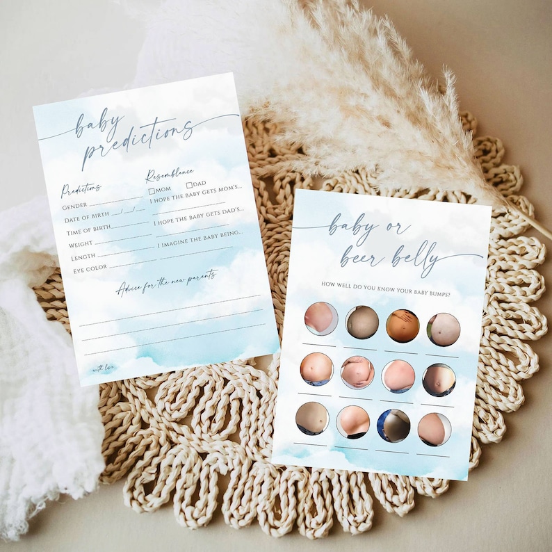 Pu&ograve; includere: Due schede di gioco per baby shower stampabili con uno sfondo acquerello blu. La prima scheda contiene un elenco di previsioni per il bambino, tra cui il sesso, la data di nascita, l'ora di nascita, il peso, la lunghezza e il colore degli occhi. La seconda scheda contiene un gioco chiamato "Baby or Beer Belly" con 12 immagini di pancia, alcune in gravidanza e altre no.