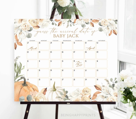 Pumpkin Baby Due Date Calendar, Fall Birthday Guess Game (Editable Template)