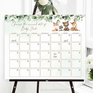 Woodland Baby Due Date Calendar, Guess Baby's Birth Date, Guess Baby Birthday Calendar, Guess Baby's Birthday, Baby Prediction,Due Date Game