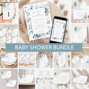 Blue Floral Baby Shower Invitation Bundle, Dusty blue flowers Baby Shower Invite, Wildflower Baby Shower Games, Welcome Sign Download