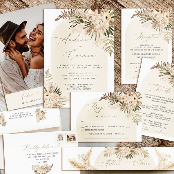 Pampas Grass wedding invitation, Boho wedding invitation set, Pampas grass wedding invitation template,pampas grass Wedding invitation suite