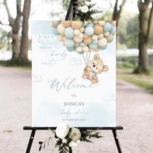 Bearbeitbarer blauer Heißluftballon Boho Blue Bear Wir können bärig warten Baby-Dusche-Willkommens-Schild, blauer Teddybär-Ballon-Baby-Dusche-Willkommensschild