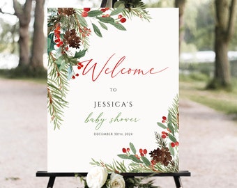May include: A welcome sign for Jessica's baby shower, featuring a cream background with red and green watercolor floral accents. The sign includes the word "Welcome" in red script, and the date December 30th, 2024.