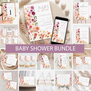 Wildflower Baby Shower Invitation Bundle, Boho Floral baby shower games, Editable Baby in bloom shower Invite, Spring flowers, welcome sign
