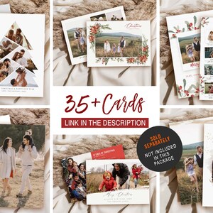 May include: A collection of Christmas cards with family photos. The cards feature various designs, including a Christmas tree made of photos, floral accents, and a "Year in Review" layout. Text includes "Merry Christmas" and "35+ Cards".