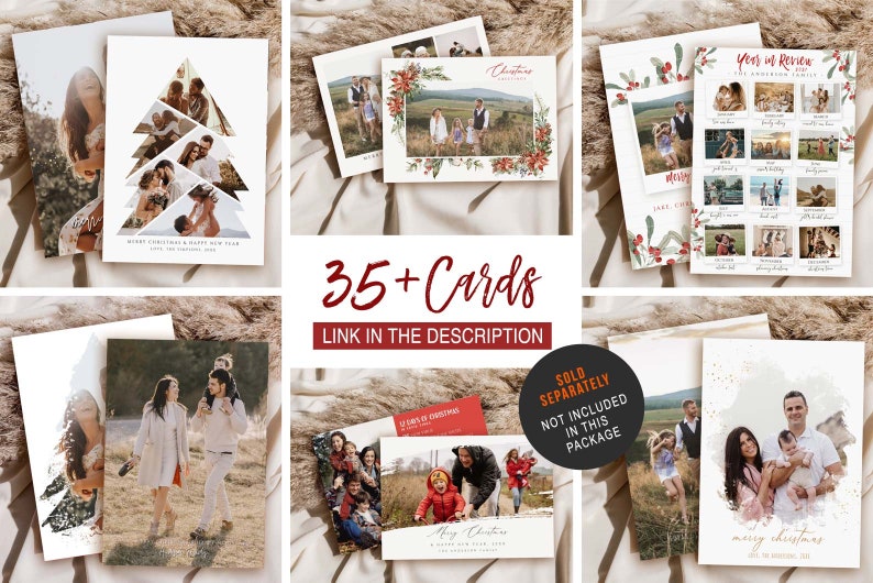 May include: A collection of Christmas cards with family photos. The cards feature various designs, including a Christmas tree made of photos, floral accents, and a "Year in Review" layout. Text includes "Merry Christmas" and "35+ Cards".