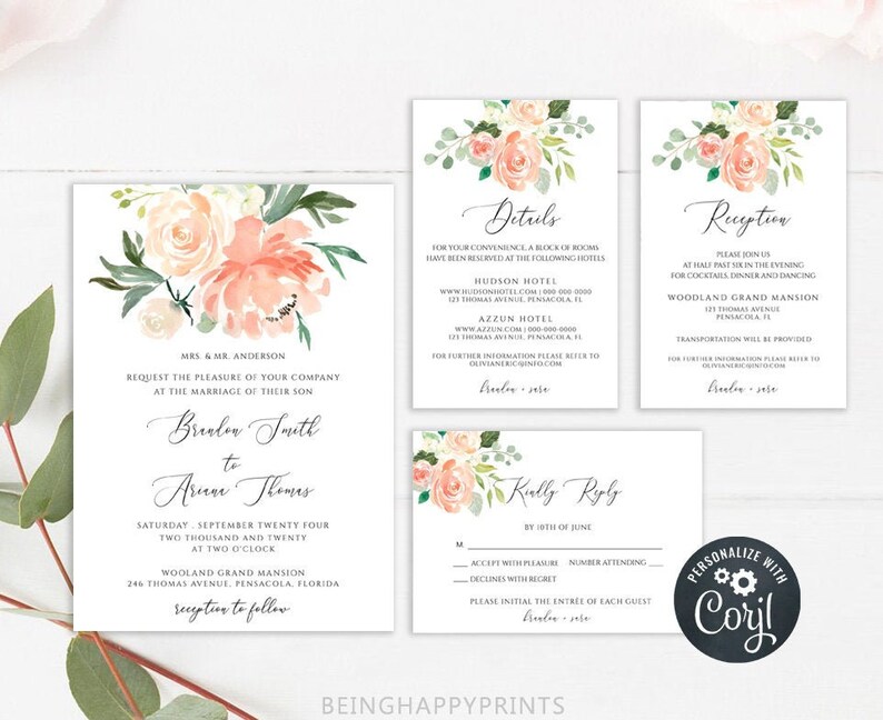 Printable Wedding Invitation Set Template Download Wedding | Etsy