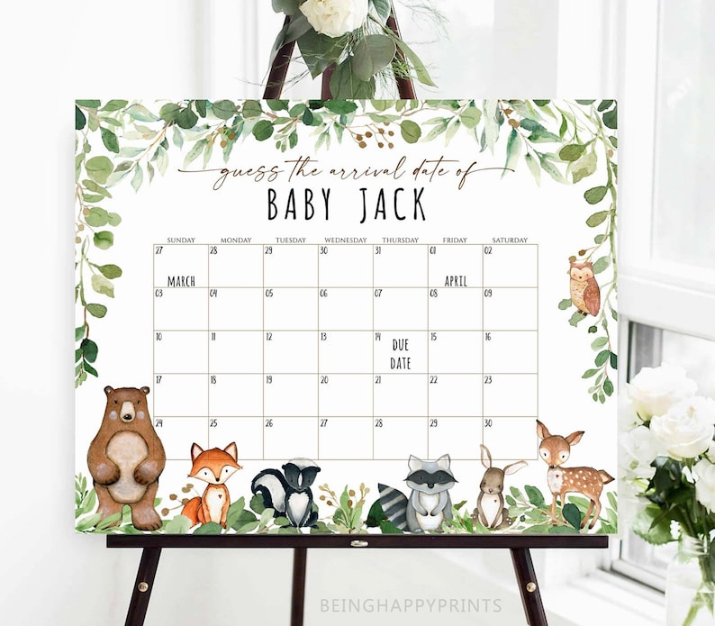 May include: A printable baby shower game with a woodland theme. The game is a calendar with a due date marked and guests can guess the arrival date of Baby Jack. The calendar is surrounded by greenery and woodland animals.