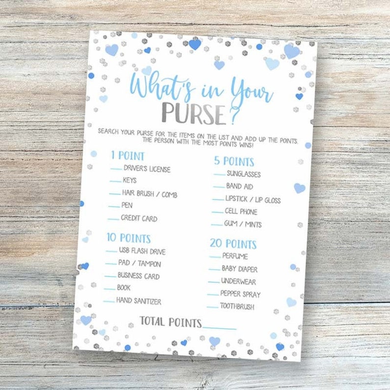 whats in your purse game printable baby shower games blue etsy