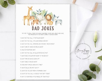 May include: A printable game card with a watercolor illustration of jungle animals. The card features a dad joke game with 14 questions. The text on the card reads "Dad Jokes" and "Try not to roll your eyes while guessing these dad jokes and puns. The person with the most correct guesses wins!"