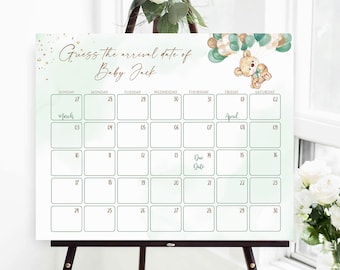Nallebjörn Baby Shower Förfallodatum Kalender, Gissa Datum Spel (Redigerbar Mall)