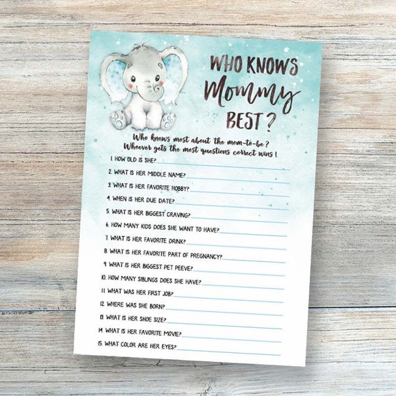 Instant Download eb11 Baby Shower Elephant Blue Printable Who Knows Mommy Best and Baby Shower Memory Game with Elephant Blue and Gray