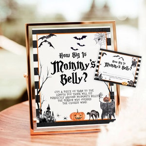 Hur stor är mammas mage-spel, Halloween babyshower-spel att skriva ut, könsneutralt, Halloween gissa magstorleken mamma mammas mage-spel